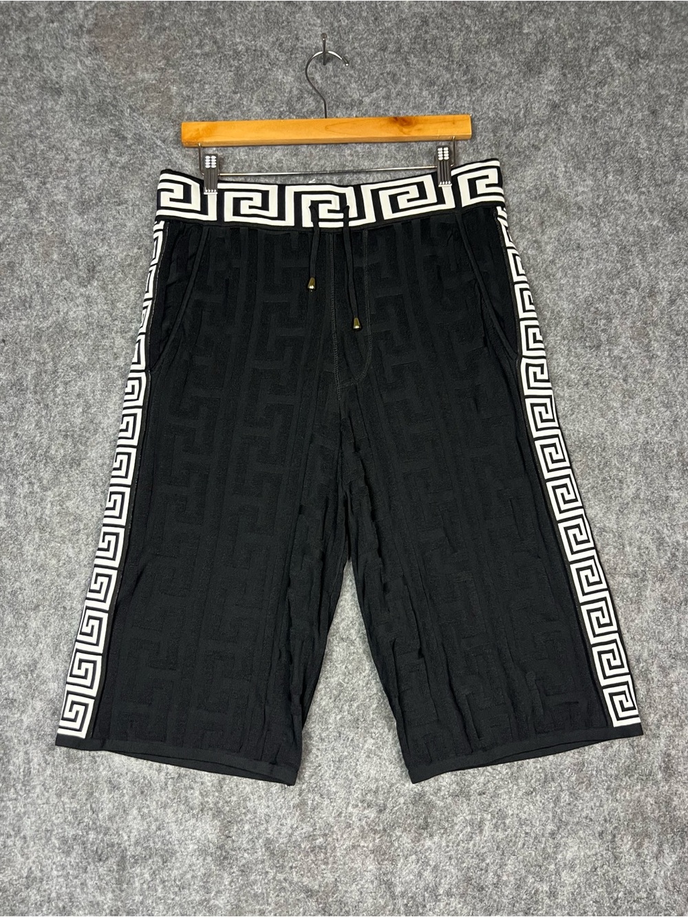 Men's Black Flat Front Shorts with Greek Key Trim